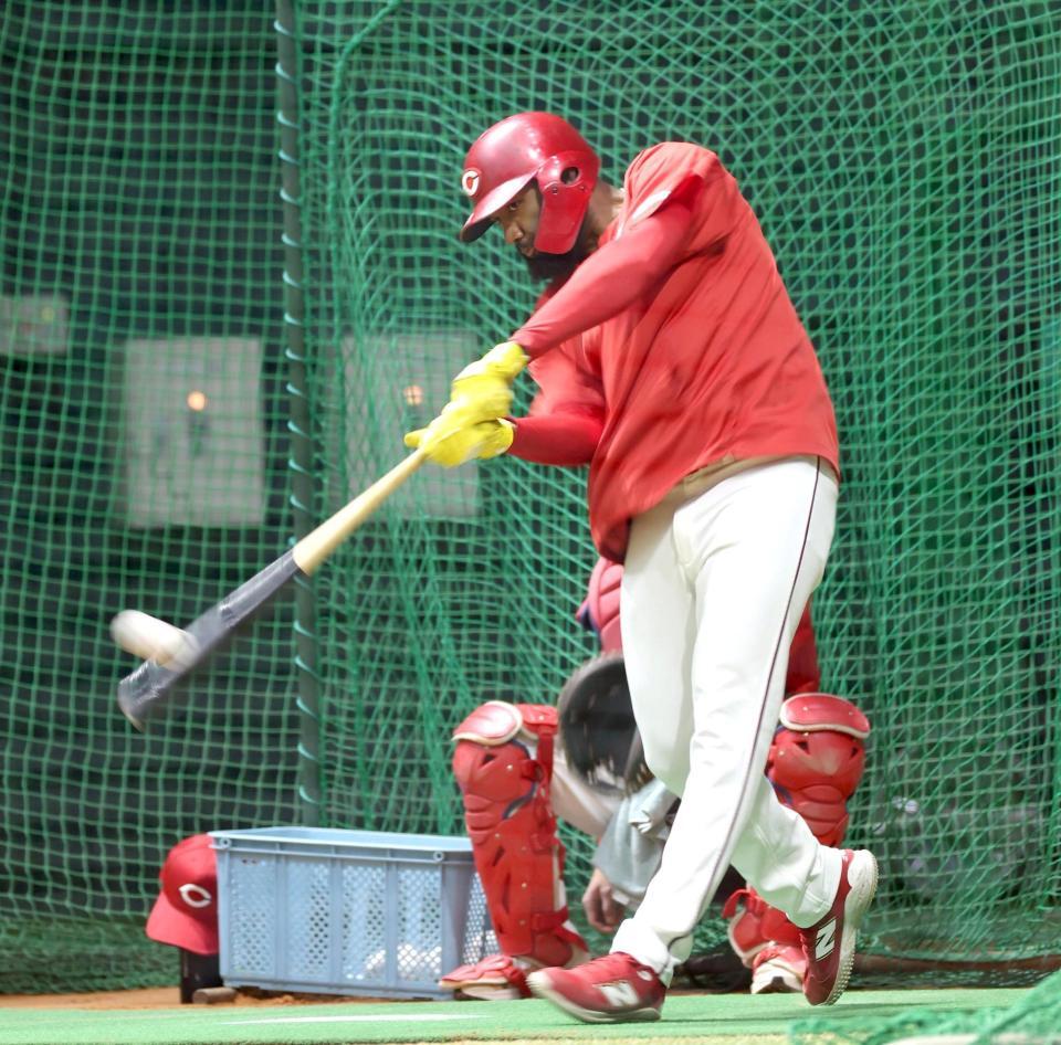 打撃練習で鋭い打球を放つファビアン（撮影・北村雅宏）