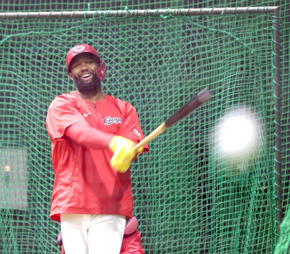 打撃練習で鋭い打球を放つファビアン（撮影・北村雅宏）