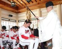 必勝祈願する新井監督（中央）＝撮影・北村雅宏