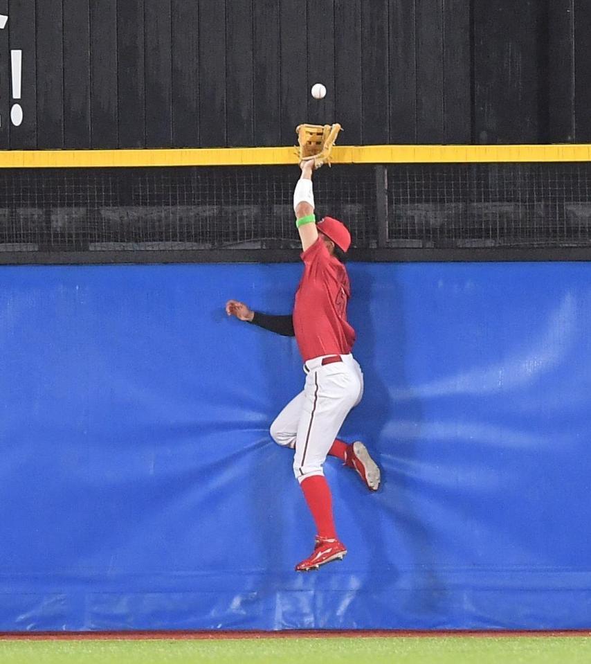 ４回、オスナの中越えソロに飛びつきフェンスに激突する平川（撮影・開出牧）