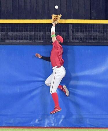 ヤクルト戦でオスナの打球に飛びつきフェンスに激突する平川＝３月３１日