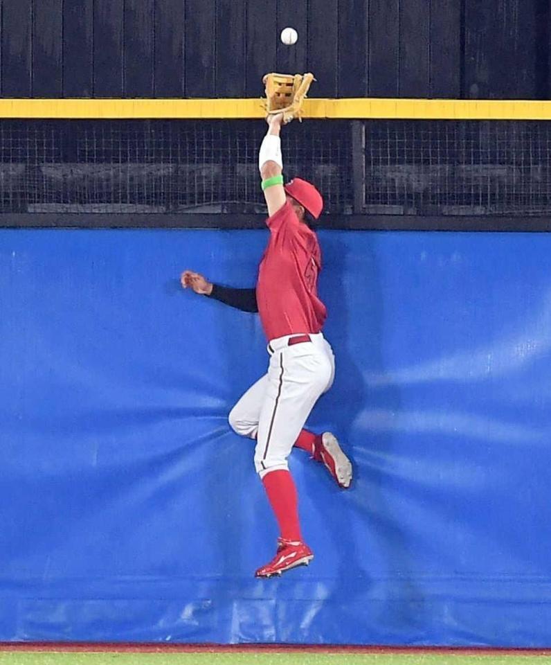 ヤクルト戦でオスナの打球に飛びつきフェンスに激突する平川＝３月３１日