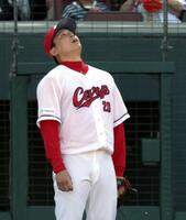 ８回、同点に追いつかれ天を仰ぐ栗林（撮影・山口登）