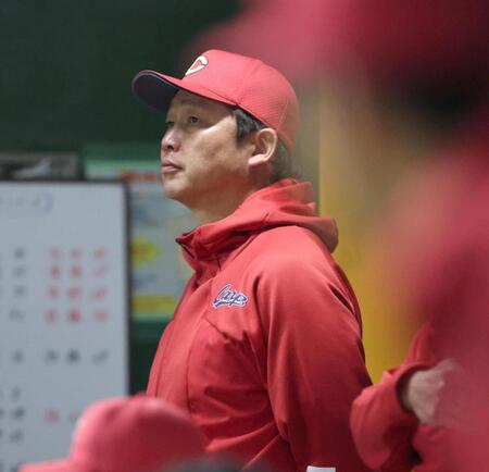 ３回の攻撃をベンチから見る新井監督（撮影・北村雅宏）