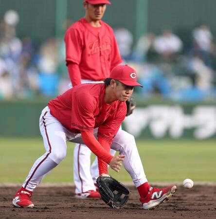 遊撃手のポジションでシートノックに励む小園（撮影・北村雅宏）