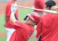 試合前、打撃練習する平川