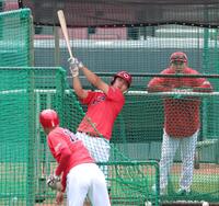 新井監督（右）の見守る中、打撃練習する平川（撮影・北村雅宏）　