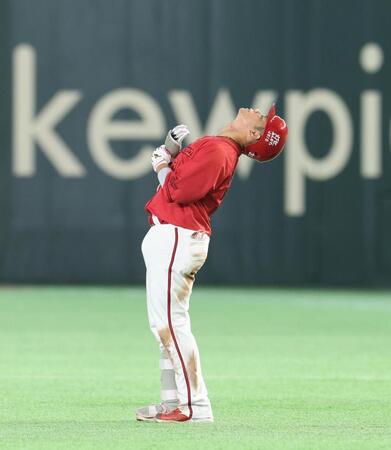 ４回、左飛に倒れて天を仰ぐ坂倉（撮影・佐々木彰尚）