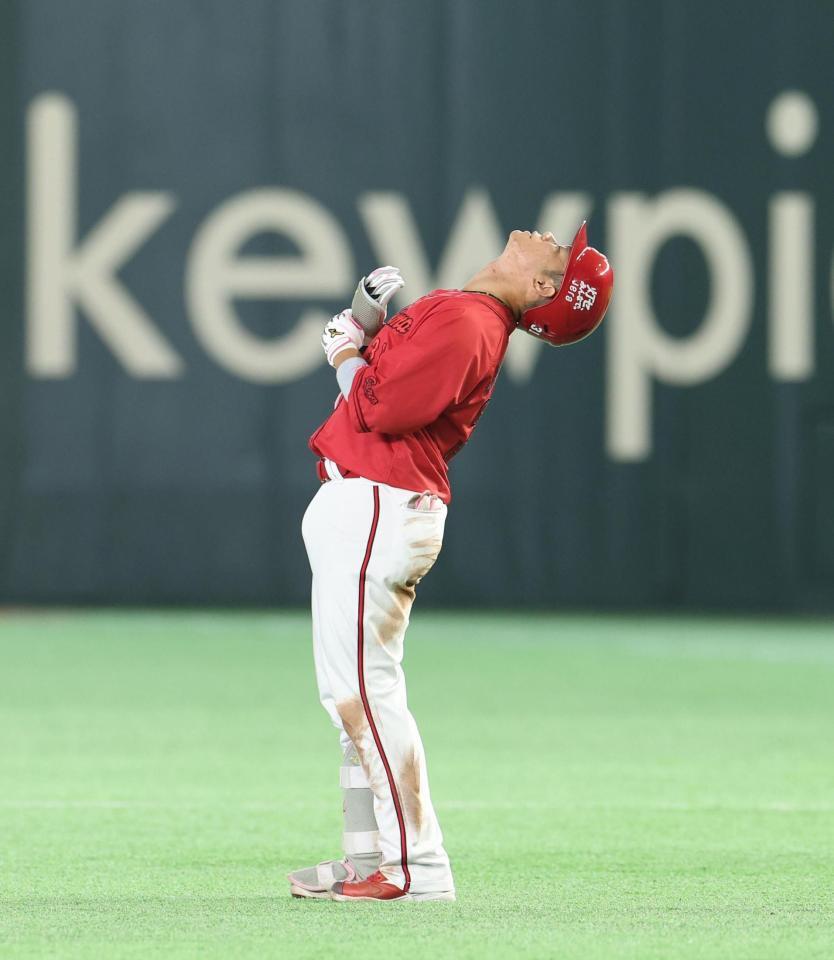 ４回、左飛に倒れて天を仰ぐ坂倉（撮影・佐々木彰尚）