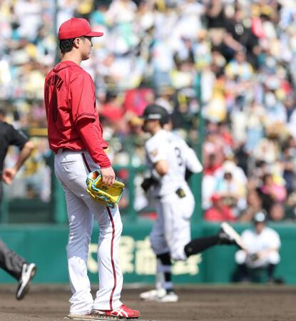 ４回、佐藤輝（右）にソロを浴びた森下（撮影・西田忠信）