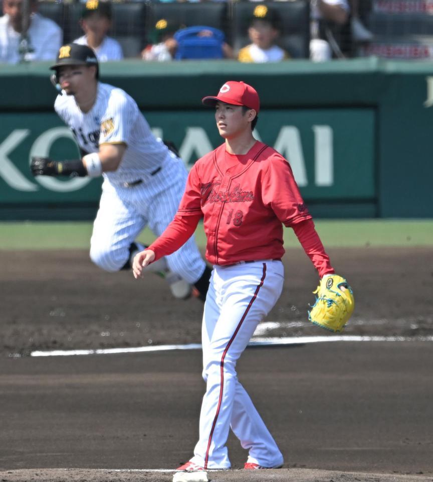 １回、佐藤輝に先制打を許す森下（撮影・飯室逸平）