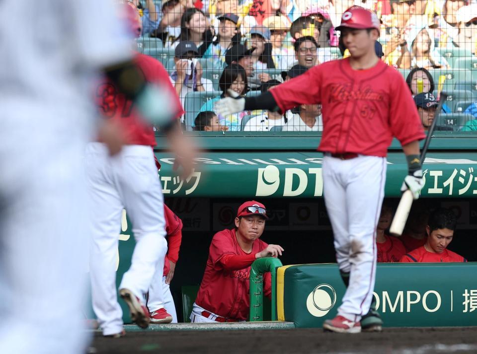 阪神に敗れ、グラウンドを見つめる新井監督（中央）＝撮影・西田忠信