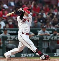 ２回、先制となるソロを放つ持丸（撮影・北村雅宏）