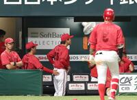ソフトバンクにも３タテを食らい、藤井ヘッドコーチに促されながら足早に引き揚げる新井監督（中央）＝撮影・北村雅宏