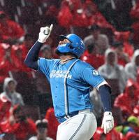 ６回、同点ソロを放ち、天を見上げるレイエス（撮影・北村雅宏）