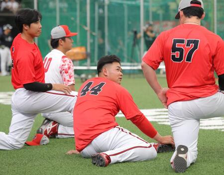 チームに合流し、ナインと話す林（中央）＝撮影・西岡正