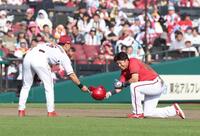 ８回、名原の打球が当たり守備妨害の野間（撮影・金田祐二）