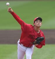 力投する岡本（撮影・金田祐二）