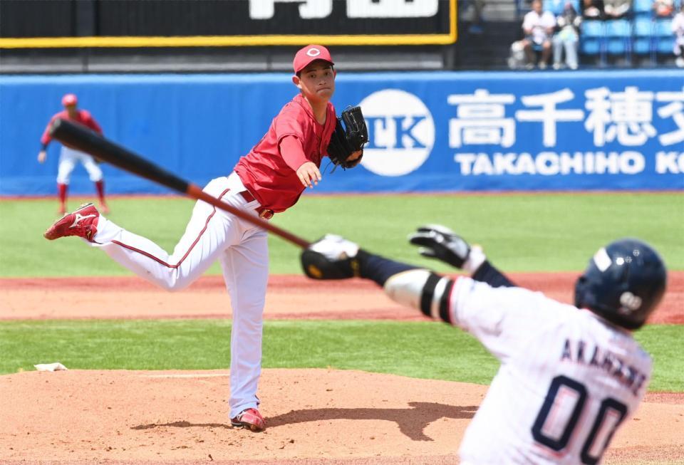 ヤクルト打線を抑え６勝目を挙げた岡本（撮影・園田高夫）