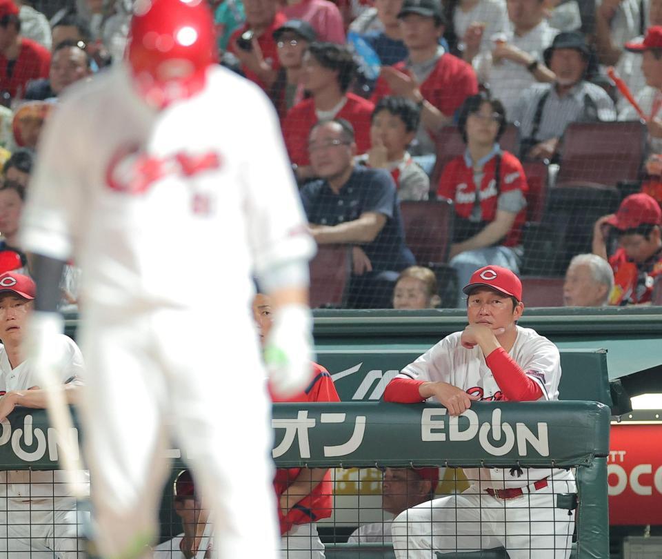 ６回、打席の坂倉（手前）を見つめる新井監督（撮影・西田忠信）