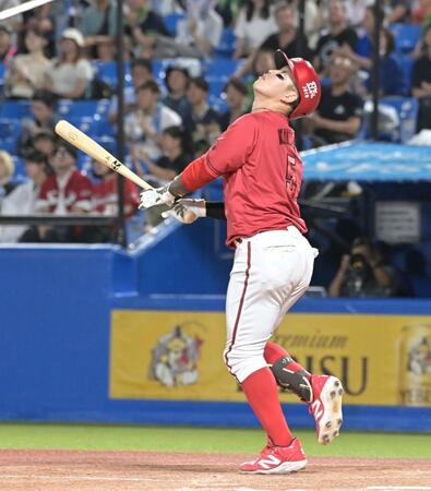 ４回、サードファウルフライに打ち取られる小園（撮影・持木克友）