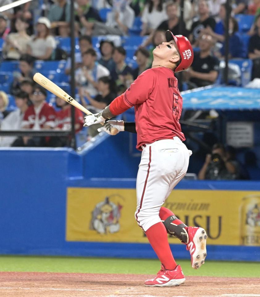 ４回、サードファウルフライに打ち取られる小園（撮影・持木克友）