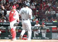 ８回、高が石塚に適時二塁打を許し、グラウンドを見る新井監督（右から２人目）＝撮影・北村雅宏