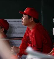 ８回、しぶい表情で戦況を見つめる新井監督（撮影・中島達哉）