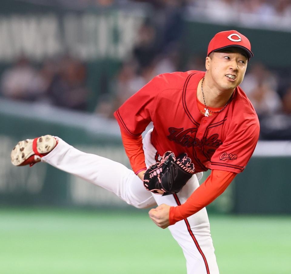 ８回、力投する佐藤柳（撮影・中島達哉）