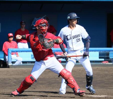 ４回、川田の二盗を阻止する持丸（撮影・市尻達拡）