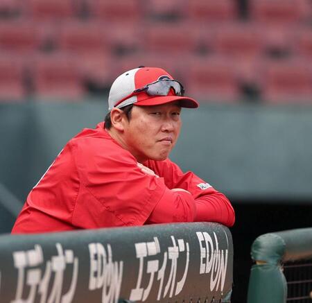 練習を見守る新井監督（撮影・北村雅宏）