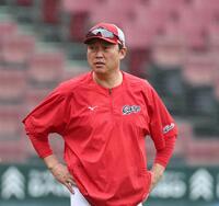 練習を見守る新井監督（撮影・北村雅宏）