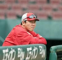 練習を見守る新井監督（撮影・北村雅宏）
