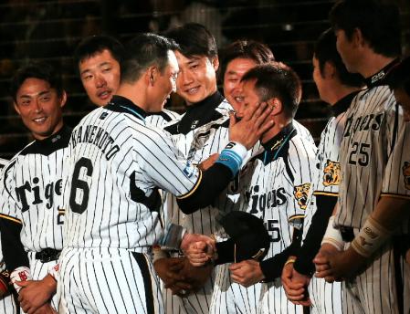 阪神・平野恵一（中央右）に平手打ちを見舞う阪神・金本知憲＝甲子園（撮影・峰大二郎）