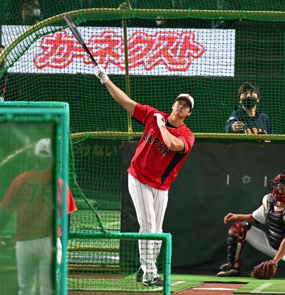 　フリー打撃で湧かせる大谷（撮影・金田祐二）