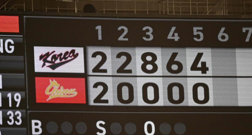 　大差がついた韓国代表対中国代表戦のスコアボード（撮影・金田祐二）