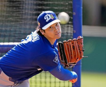 　実戦形式の練習に登板したドジャース・大谷＝グレンデール（共同）