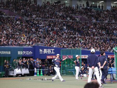 ファンの注目する中、フリー打撃に臨む大谷（撮影・西岡正））