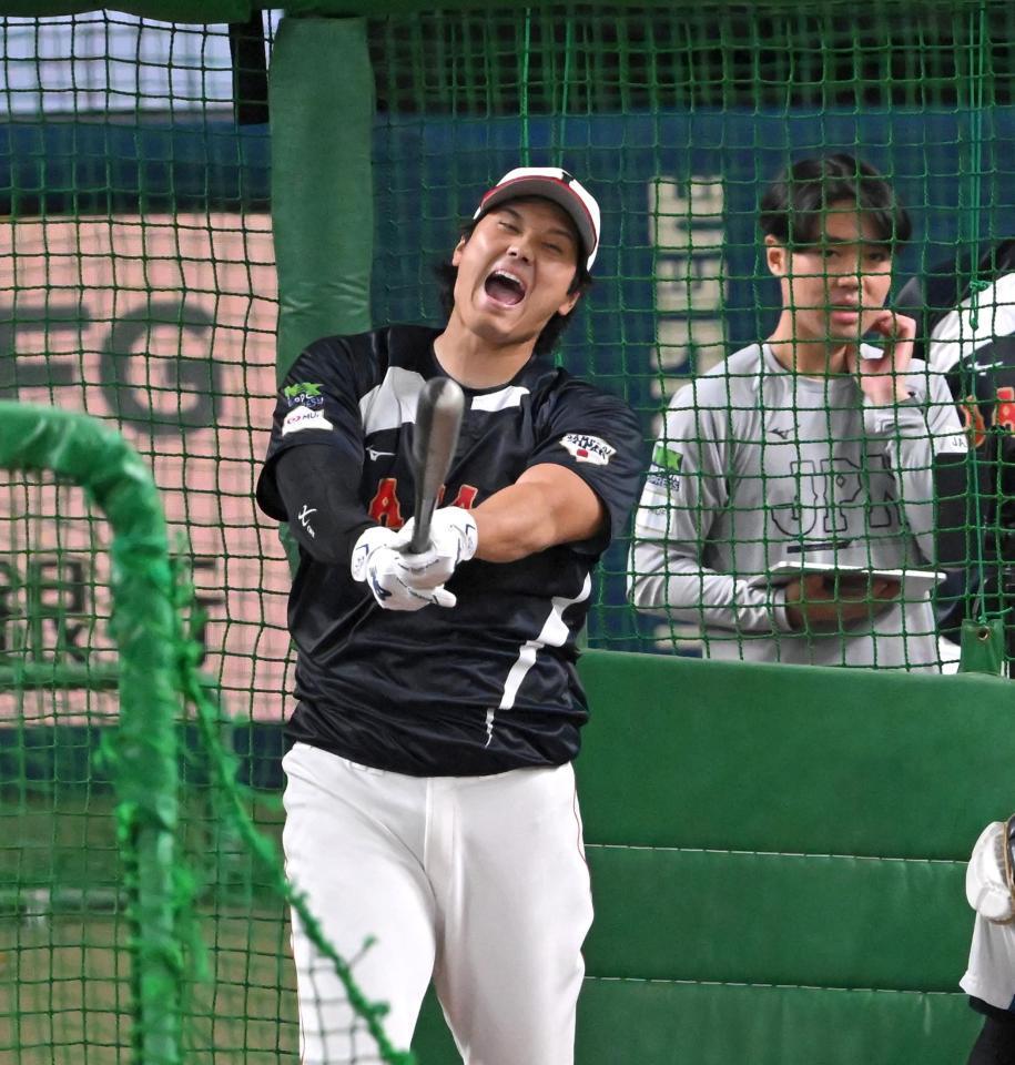 フリー打撃で声を上げる大谷（撮影・飯室逸平）