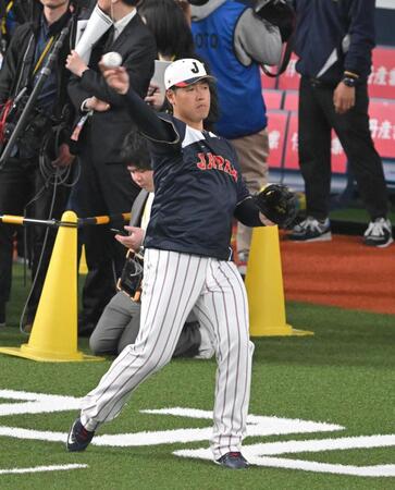 キャッチボールする岡本（撮影・飯室逸平）