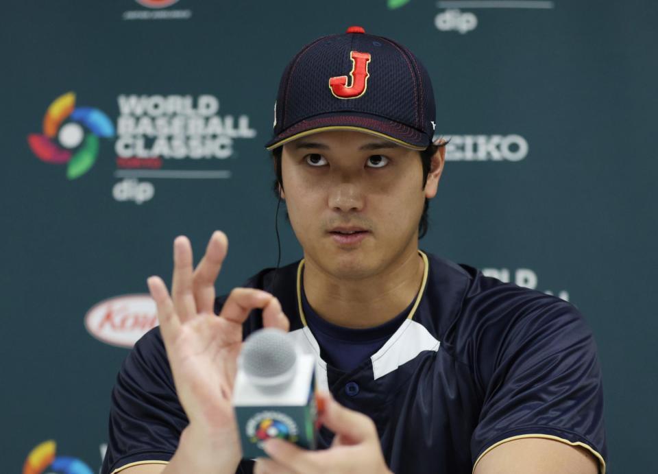 会見する大谷（読売新聞社提供）