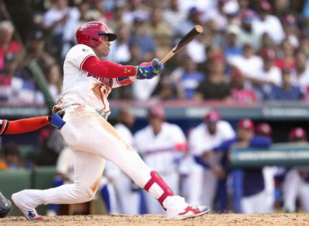 　タイガース戦の５回、ソロ本塁打を放つドミニカ共和国のソト＝サントドミンゴ（ＭＬＢ提供・ゲッティ＝共同）