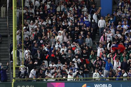 ５回、フェアチャイルドの打球がファウル判定となり、講義するレフトスタンドの台湾ファン（撮影・伊藤笙子）