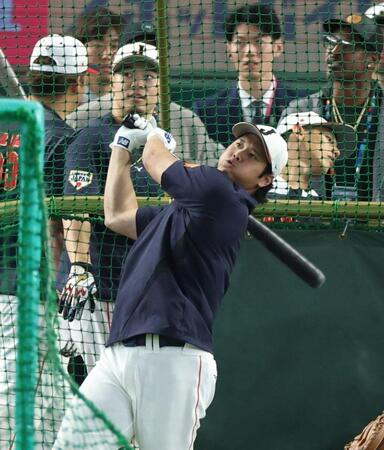 打撃練習する大谷を見る佐藤輝（奥）＝撮影・金田祐二