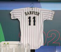 日本ベンチに飾られたダルビッシュのユニホーム（撮影・伊藤笙子）