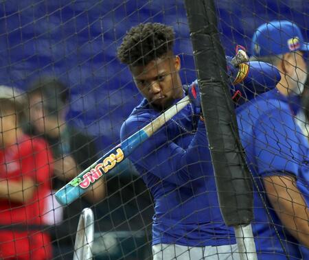 名前がプリントされたバットを振るベネゼエラ・ロナルド・アクーニャＪｒ（撮影・伊藤笙子）