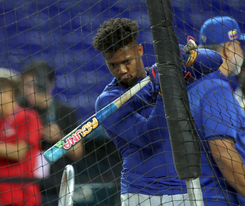 名前がプリントされたバットを振るベネゼエラ・ロナルド・アクーニャＪｒ（撮影・伊藤笙子）