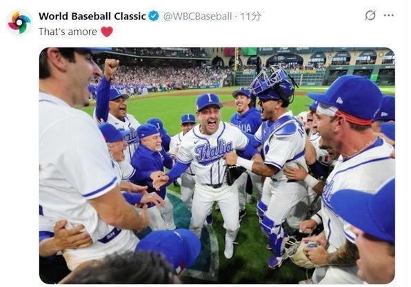 試合後、喜びを爆発させるイタリアナイン。ＷＢＣの公式Ｘ（＠ＷＢＣＢａｓｅｂａｌｌ）より 