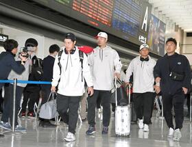 　帰国した（左から）坂本、佐藤輝、森下（撮影・持木克友）