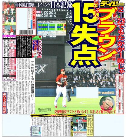 カープの大敗を報じる２００９年６月１２日付のデイリースポーツ広島版１面